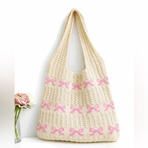 Zenana Pink Bow Ribbon Crochet Knit Tote Bag Coquette Gift